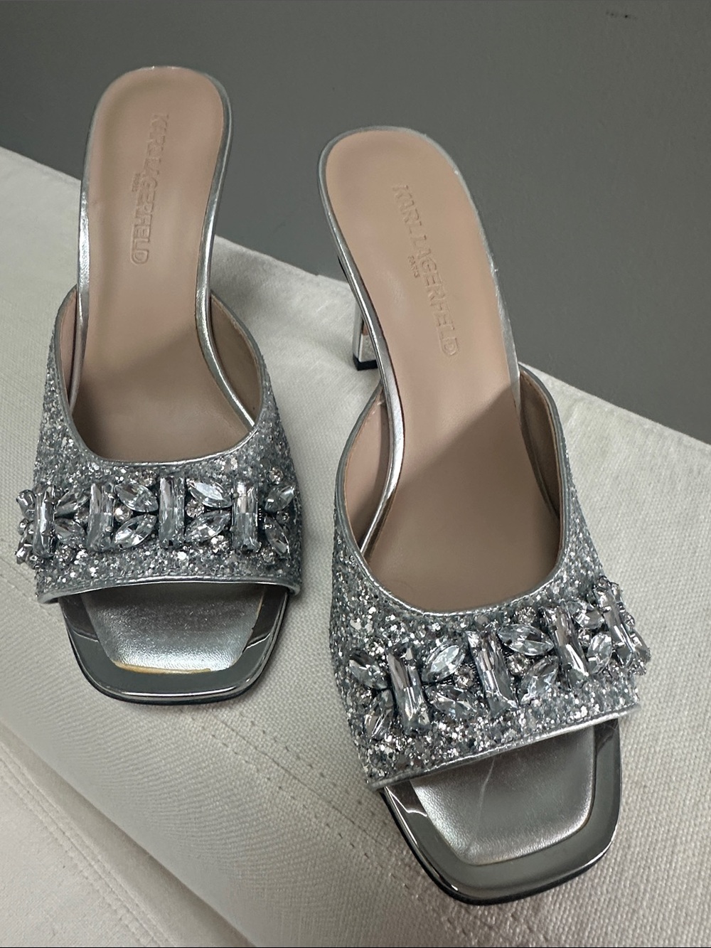Karl Lagerfeld Silver Jeweled Open-Toe Mule